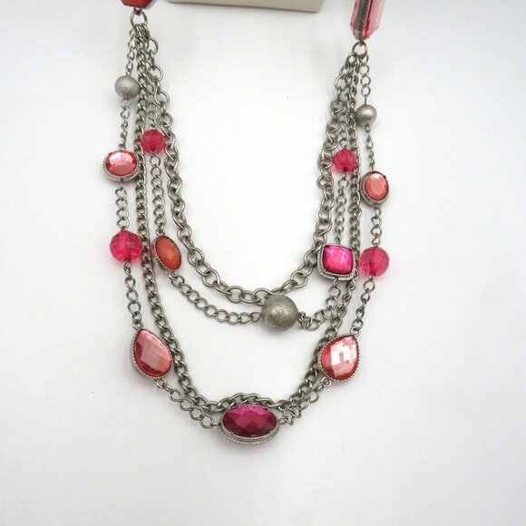 Multi Strand Layered Necklace Bib Coral Pink Faceted Beads 32" Silver Tone Chain - Picture 1 of 7